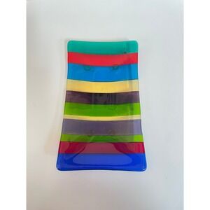 Artisan Signed Fused Glass Striped Tray Rainbow Rectangular Decorative Dish